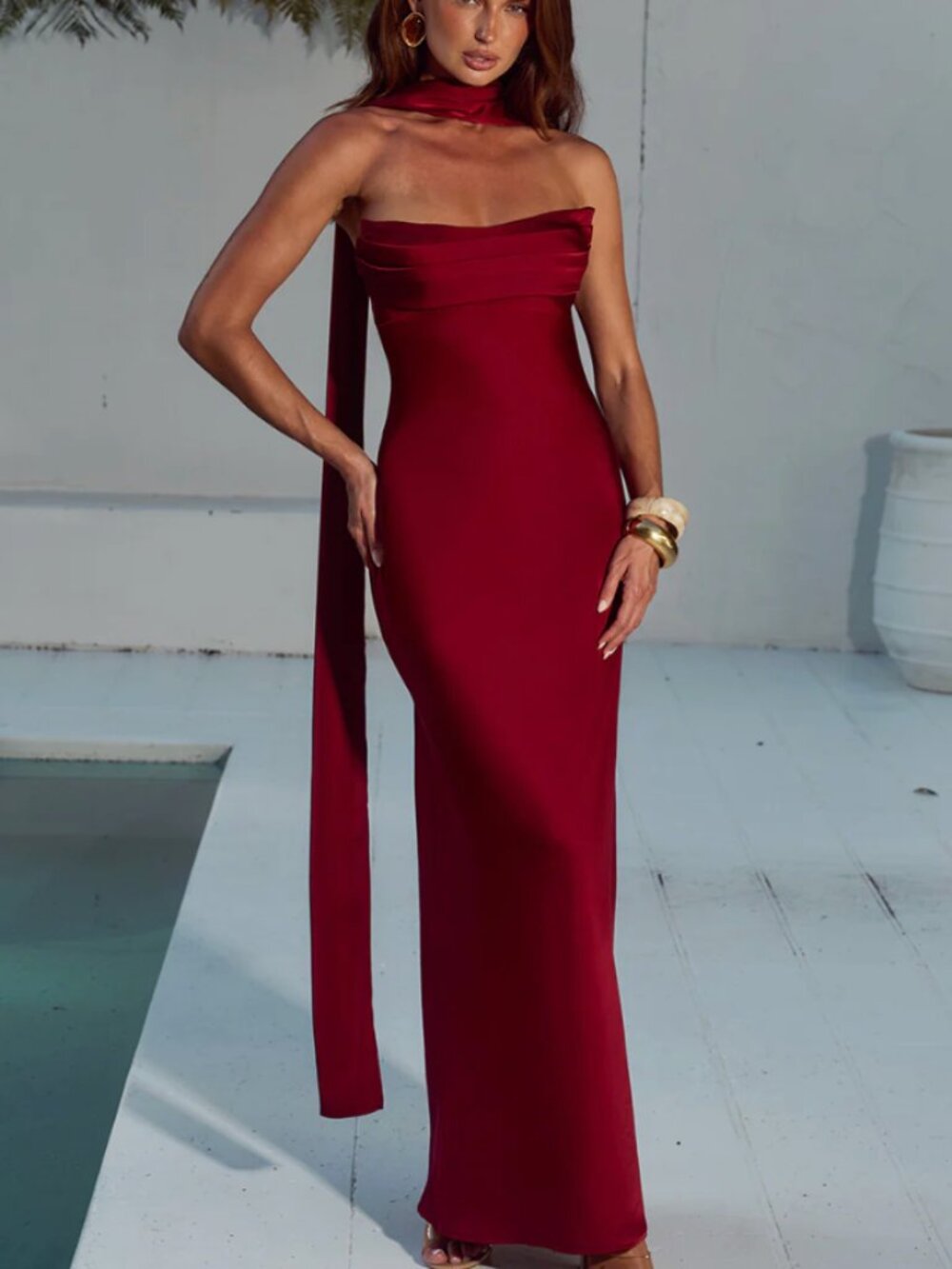 RUNAWAY THE LABEL MADELEINE STRAPLESS MAXI DRESS - CHERRY WITH NECK SCARF
